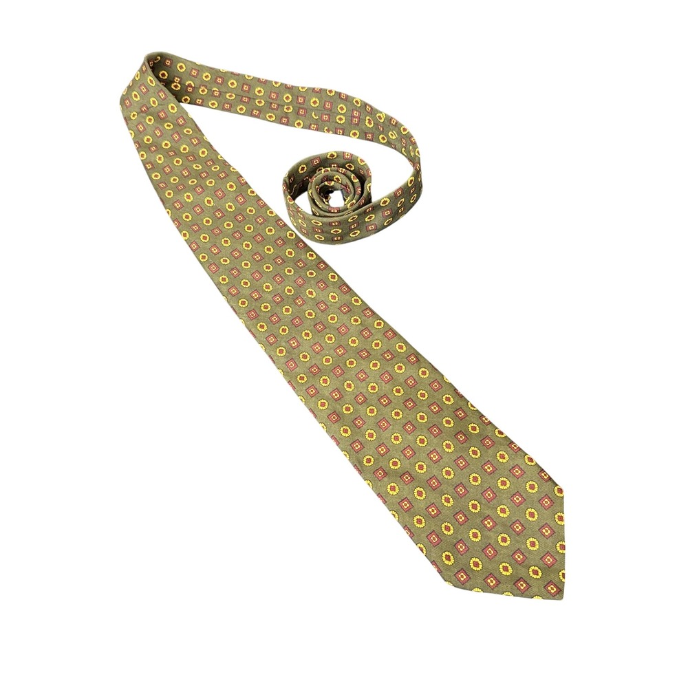 Brooks Brothers Silk Necktie Mens OS Olive Green Geometric Medallion USA Made